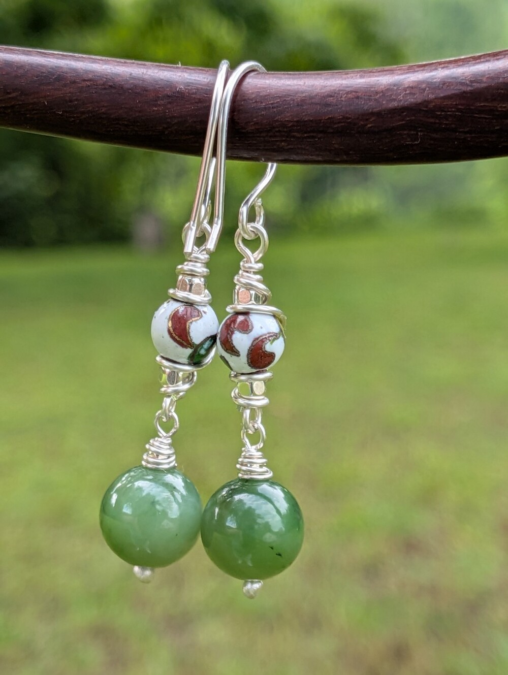 Artisan Jade Earrings-Natural Gemstone and Vintage Cloisonne In Sterling Silver - Picture 4 of 14